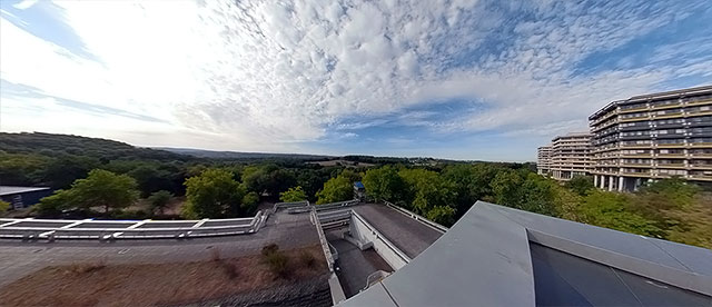 Mensa, Veranstaltungszentrum, Blick nach Westen auf G-Gebäude und übers Lottental