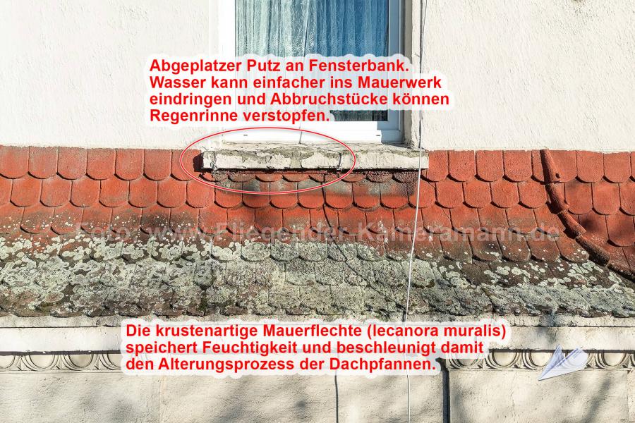 Auf dem hochauflösenden Luftbild der Drohne wird der Befall durch Pilze/Flechten an den Dachziegel deutlich.