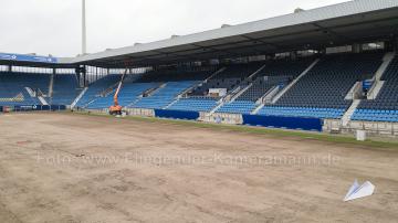 Luftaufnahmen mit Drohne im Ruhrstadion Bochum nach Rasenentfernung