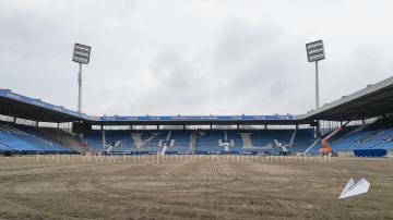 Luftaufnahmen mit Drohne im Ruhrstadion Bochum nach Rasenentfernung