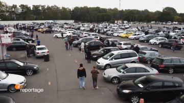 Luftaufnahmen mit Drohne für TV-Produktion über Automarkt in Essen