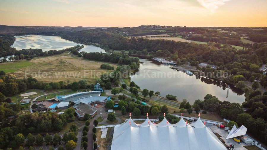 Luftaufnahmen vom Kemnader See in Witten mit Drohne, Aufbau Zeltfestival Ruhr