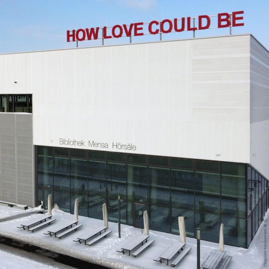 Luftaufnahme hsg Bochum mit Lichtkunstwerk ‘How Love Could Be’ im Winter