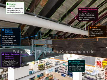 Foto mit Drohne: Indoor-Drohneninspektion eines Dachstuhls,Holztragwerks in einer Gewerbehalle