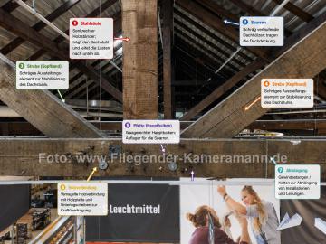 Foto mit Drohne: Indoor-Drohneninspektion eines Dachstuhls,Holztragwerks in einer Gewerbehalle