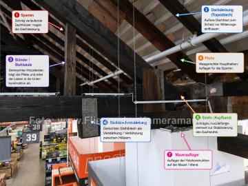 Foto mit Drohne: Indoor-Drohneninspektion eines Dachstuhls,Holztragwerks in einer Gewerbehalle