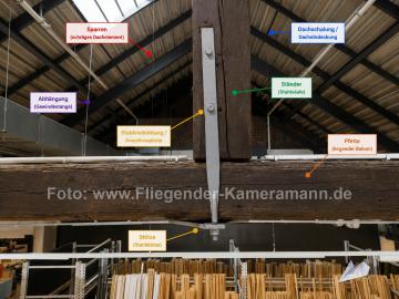 Foto mit Drohne: Indoor-Drohneninspektion eines Dachstuhls,Holztragwerks in einer Gewerbehalle