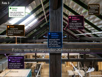 Foto mit Drohne: Indoor-Drohneninspektion eines Dachstuhls,Holztragwerks in einer Gewerbehalle