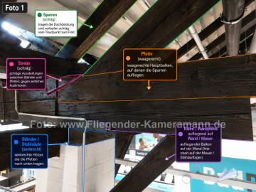 Foto mit Drohne: Indoor-Drohneninspektion eines Dachstuhls,Holztragwerks in einer Gewerbehalle