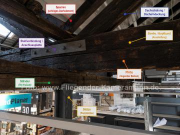 Foto mit Drohne: Indoor-Drohneninspektion eines Dachstuhls,Holztragwerks in einer Gewerbehalle